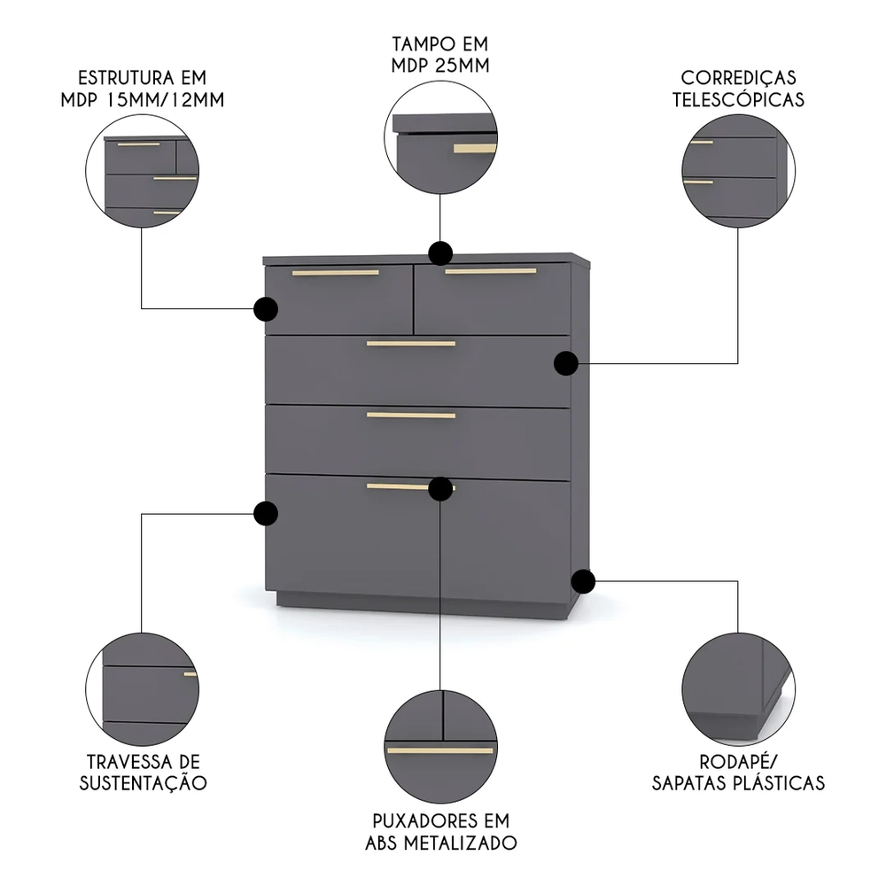Cômoda para Quarto 5 Gavetas 90cm Dubai Alasca - Vila Rica