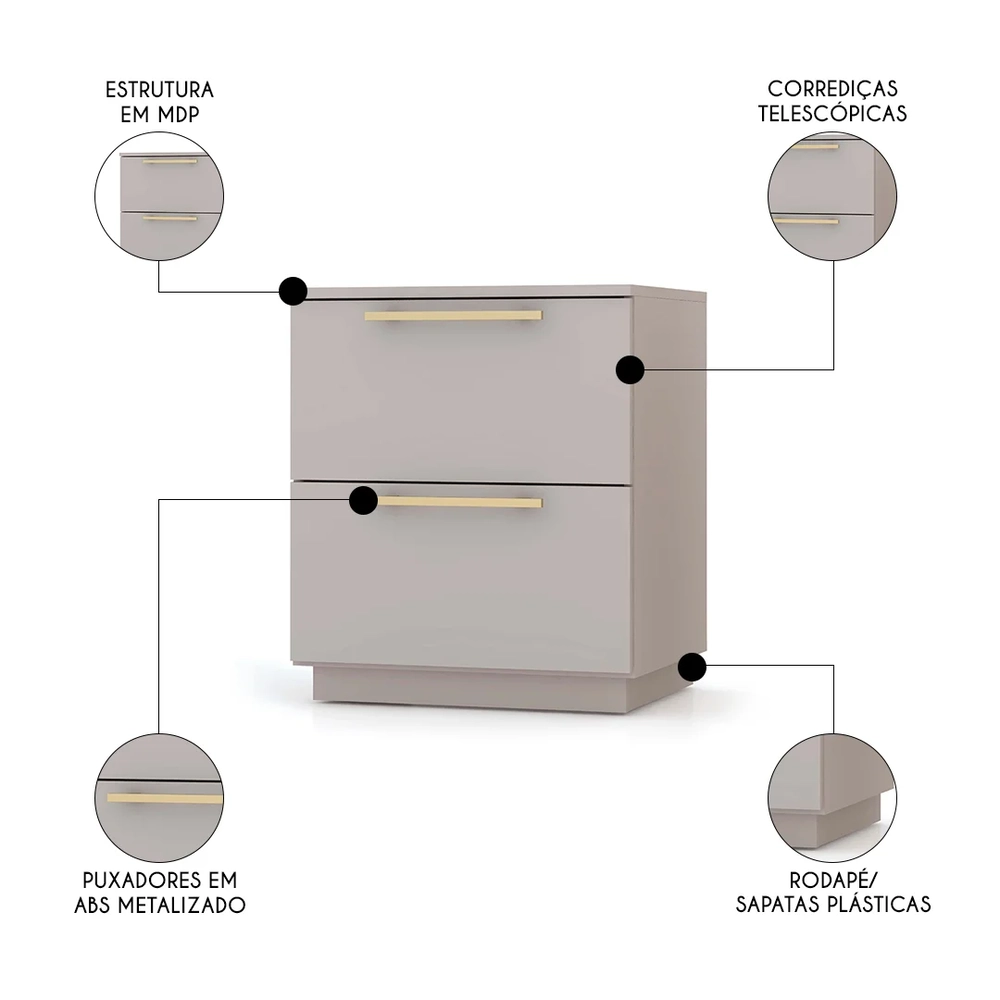 Mesa de Cabeceira 2 Gavetas 50cm Kit 2 Dubai Fendi  - Vila Rica
