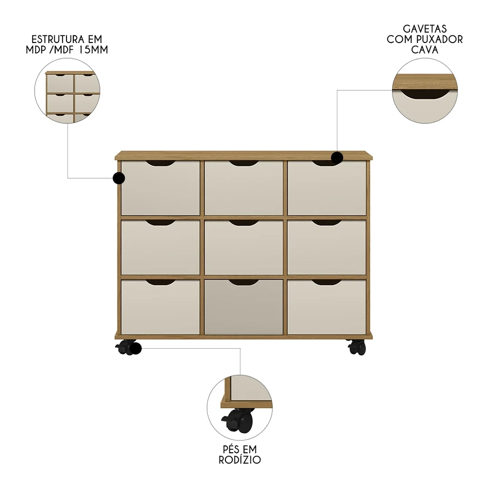 Nicho Organizador 9 Gavetas com Rodízios Freijó/Off White - Qmovi
