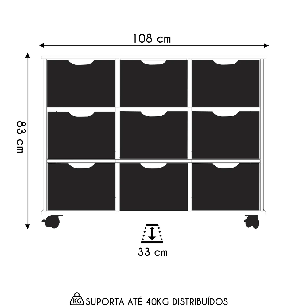 Nicho Organizador 9 Gavetas com Rodízios Freijó/Off White - Qmovi