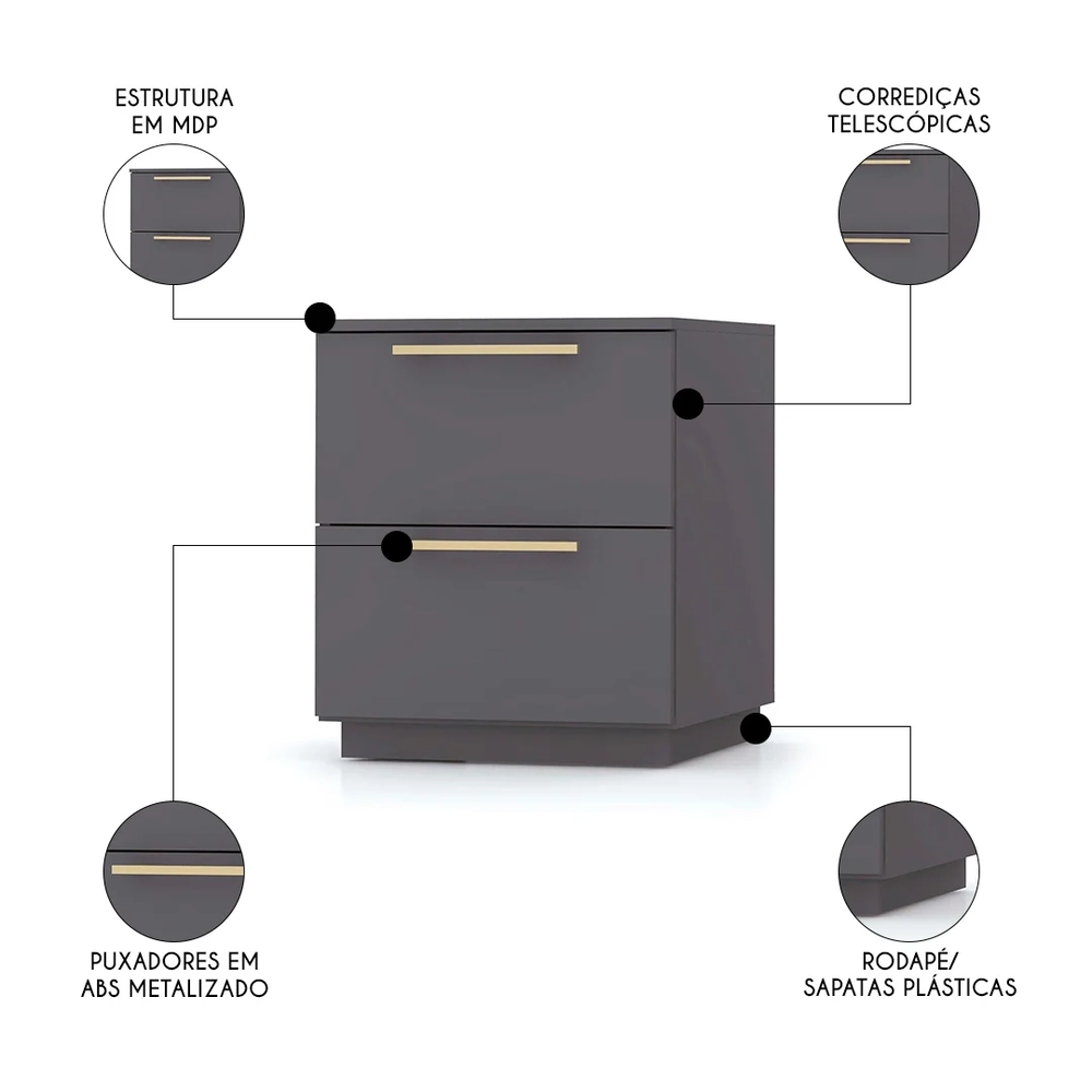 Mesa de Cabeceira 2 Gavetas 50cm Kit 2 Dubai Alasca - Vila Rica