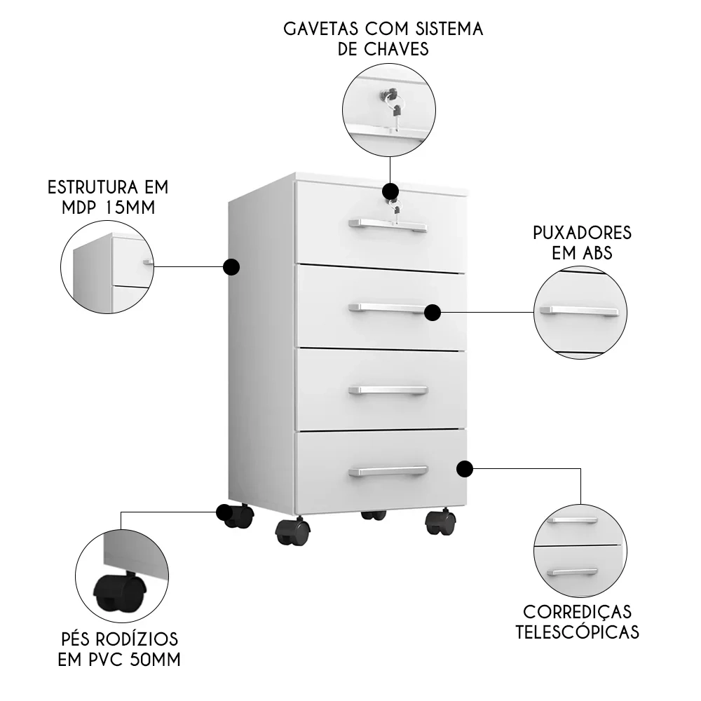 Conjunto de Escritório Home Office 3 com Peças Gávea Branco - Móveis Leão