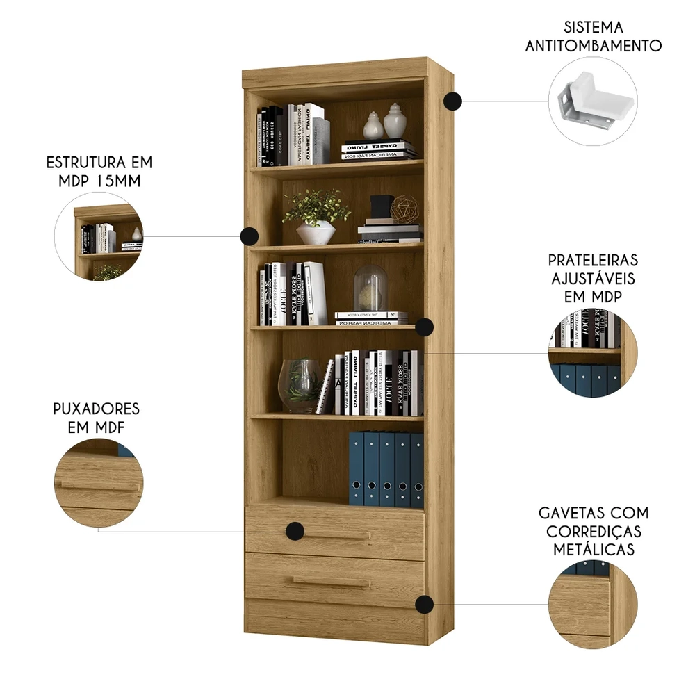 Estante Livreiro Multiuso 2 Gavetas Com Prateleiras Freijó - Qmovi
