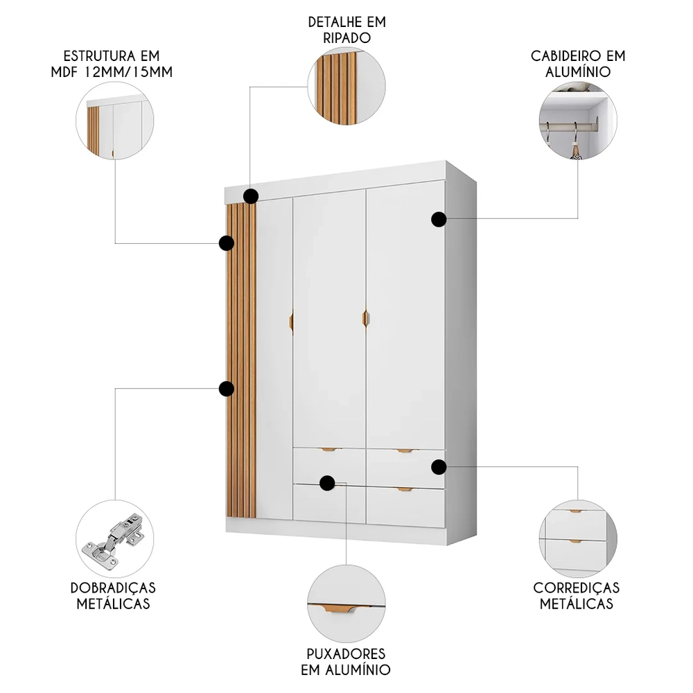 Guarda Roupa Infantil Detalhe Ripada 3 Portas Ayla Branco    - Phoenix