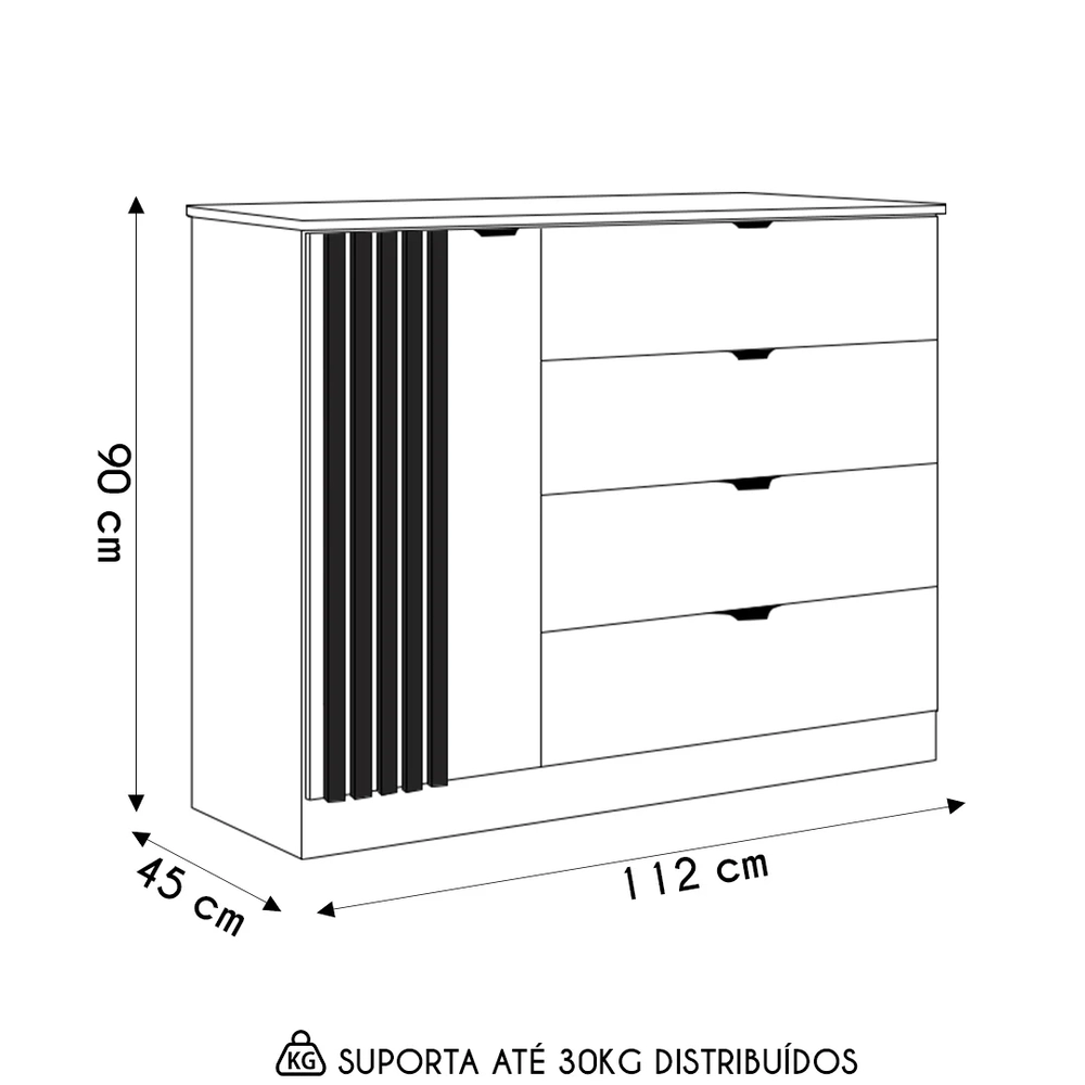 Cômoda Infantil 4 Gavetas Com 1 Porta Ripada Ayla Branco     - Phoenix