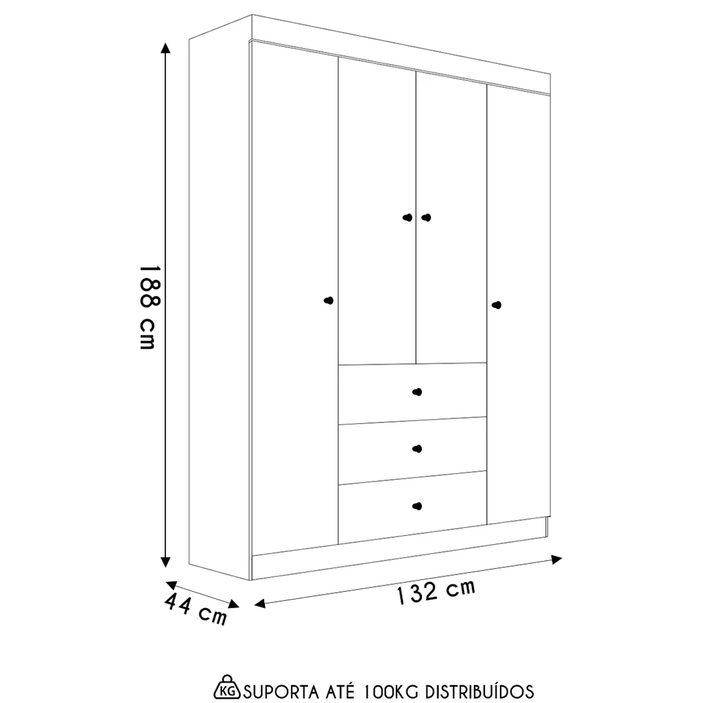 Guarda Roupa Infantil 136cm 4 Portas 3 Gavetas Duda Branco   - Phoenix