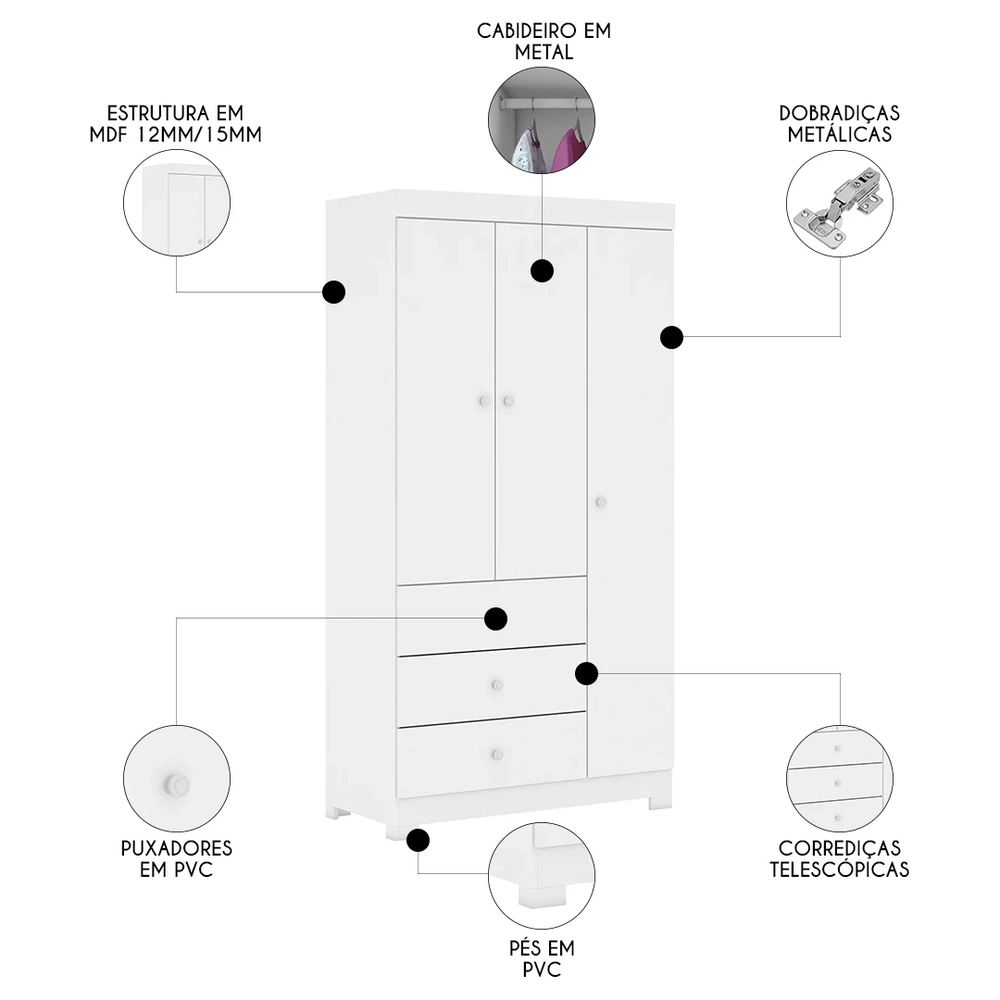 Guarda Roupa Infantil 99cm 3 Portas 3 Gavetas Duda Branco    - Phoenix