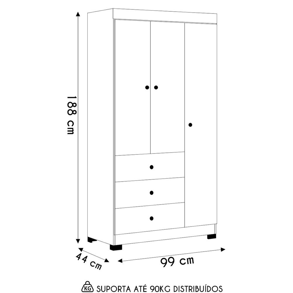 Guarda Roupa Infantil 99cm 3 Portas 3 Gavetas Duda Branco    - Phoenix