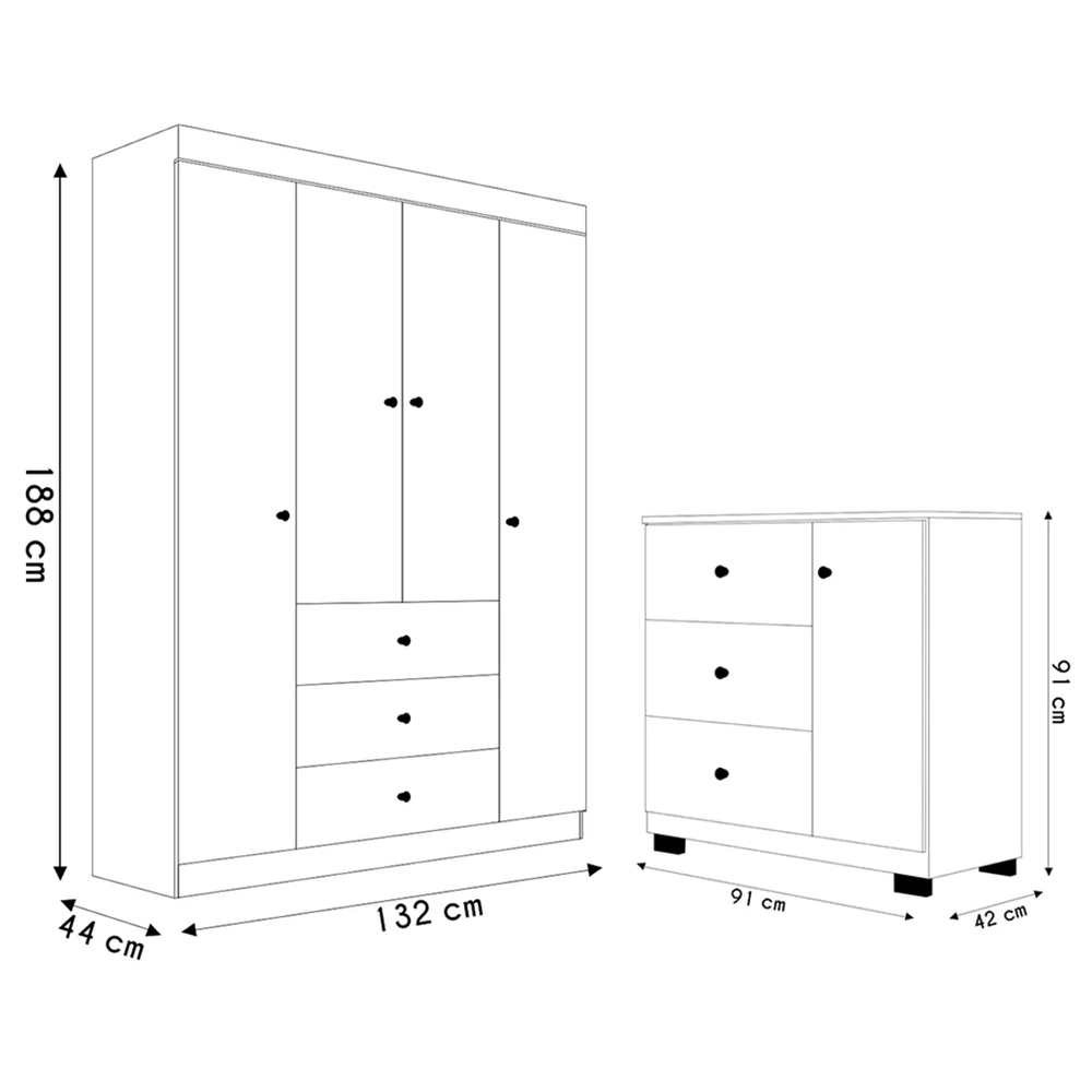 Guarda Roupa Infantil 4 Portas Cômoda 3 Gavetas Duda Branco  - Phoenix