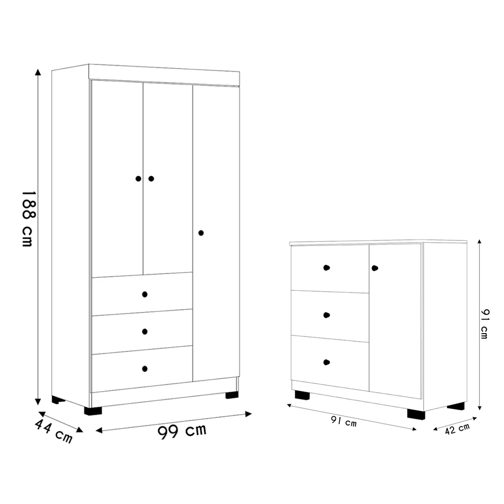 Guarda Roupa Infantil 3 Portas Cômoda 3 Gavetas Duda Branco  - Phoenix