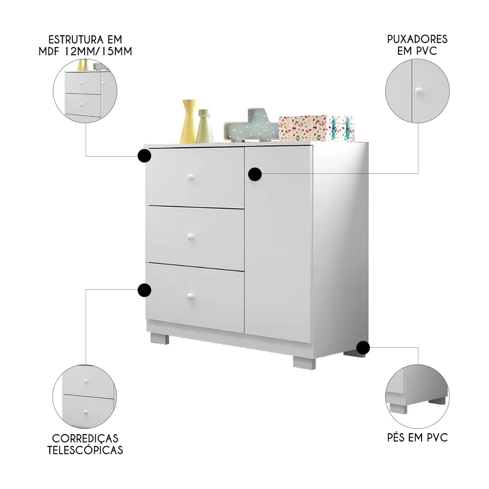 Cômoda Infantil 100% MDF 1 Porta e 3 Gavetas Duda Branco     - Phoenix