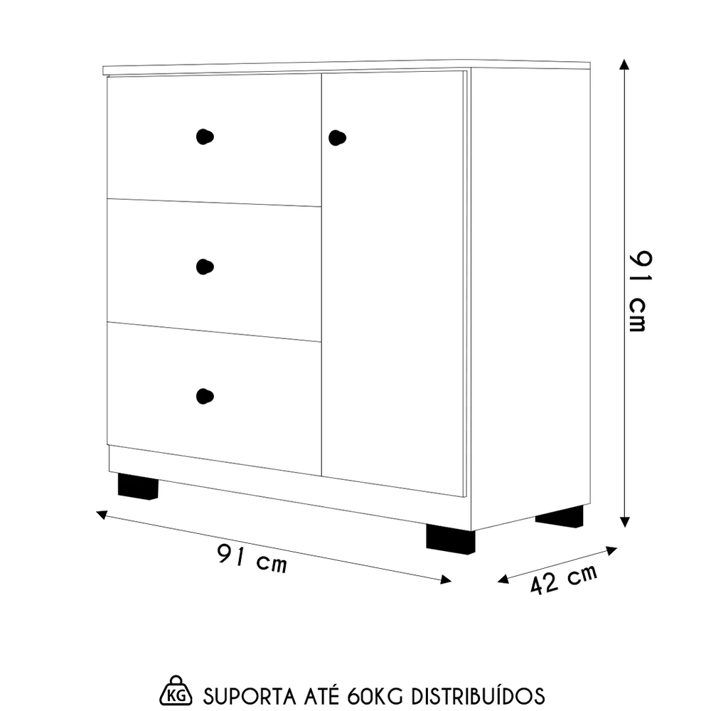 Cômoda Infantil 100% MDF 1 Porta e 3 Gavetas Duda Branco     - Phoenix