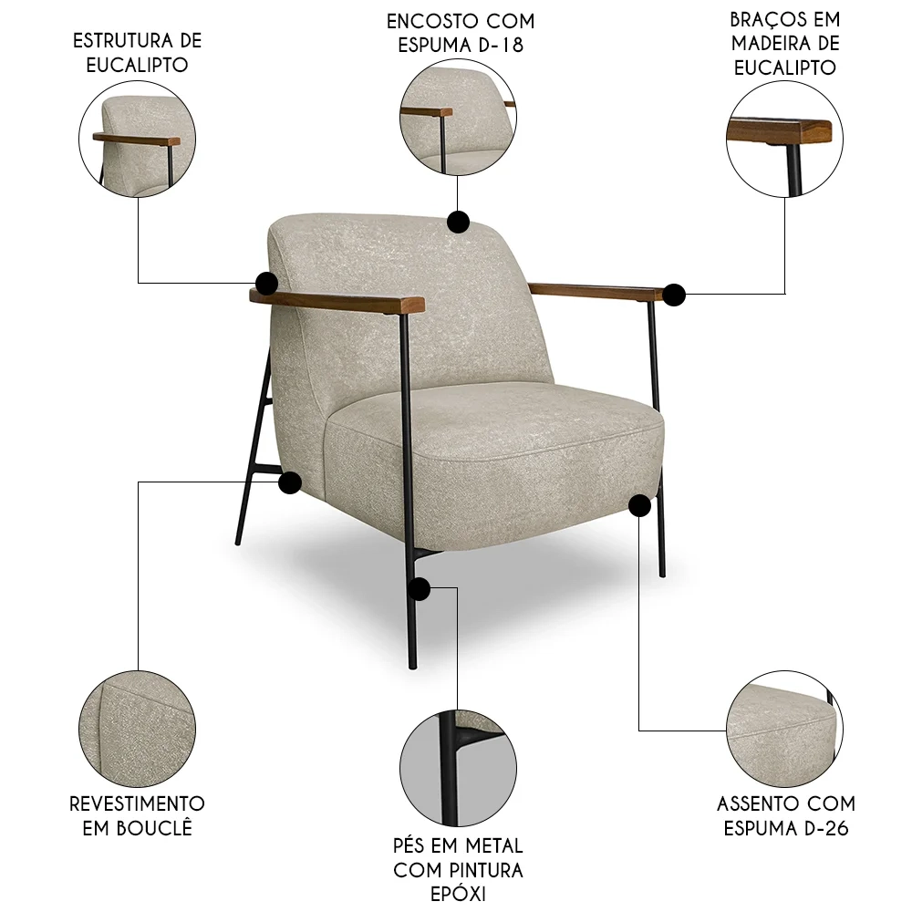 Poltrona para Sala Pés Metálicos Ellen S06 Boucle Bege - Mpozenato