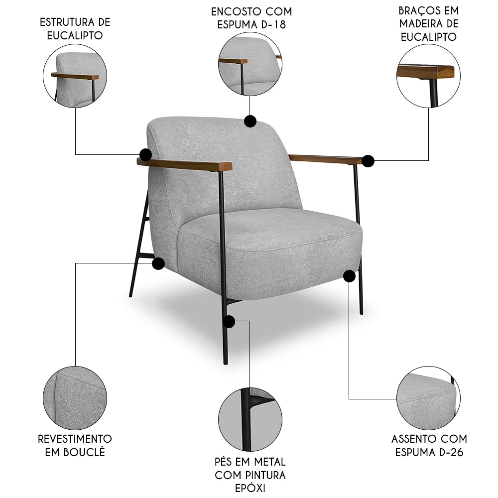 Poltrona para Sala Pés Metálicos Ellen S06 Boucle Cinza - Mpozenato