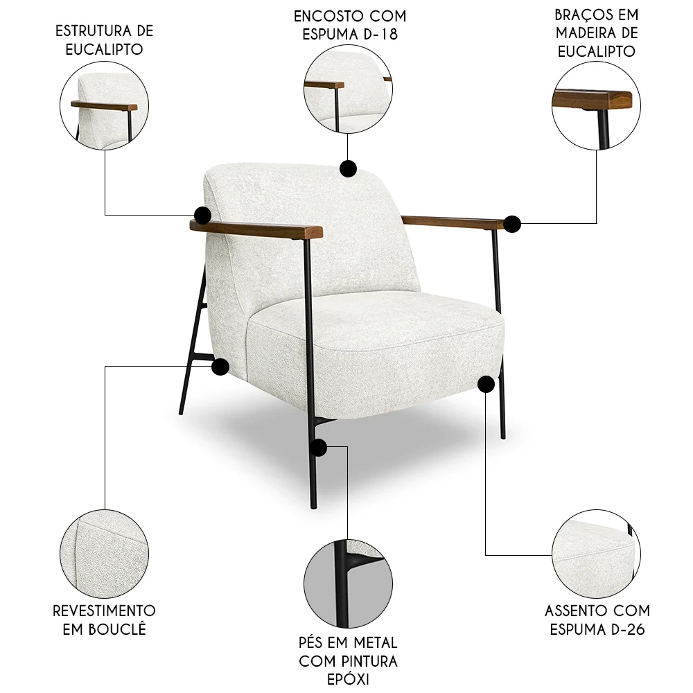 Poltrona para Sala Pés Metálicos Ellen S06 Boucle Branco - Mpozenato