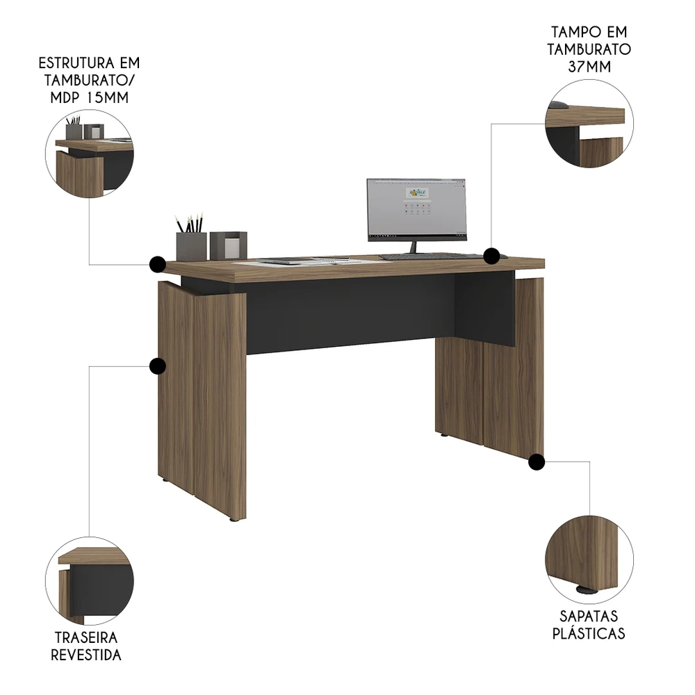 Mesa Para Escritório Home Office 145cm Corp A06 Nogal/Preto  - Mpozenato