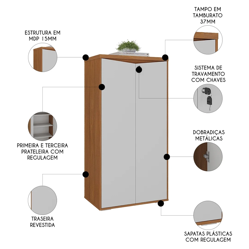 Armário Escritório com Chave 2 Portas Corp A06 Freijó/Branco - Mpozenato