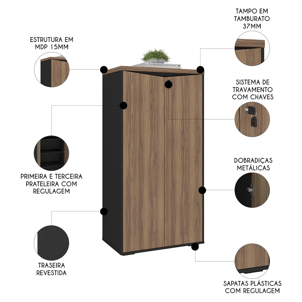 Armário Escritório com Chave 2 Portas Corp A06 Nogal/Preto   - Mpozenato