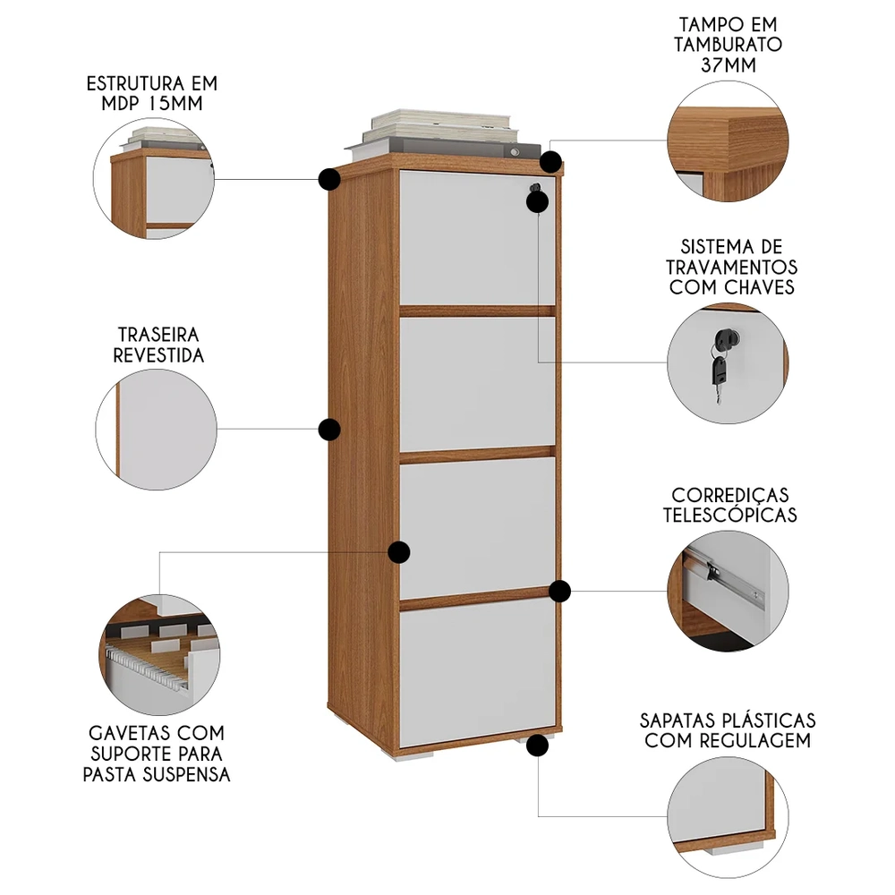 Armário Arquivo com Chave 4 Gavetas Corp A06 Freijó/Branco   - Mpozenato