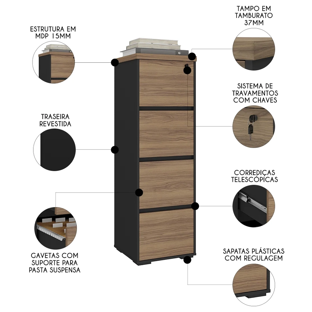 Armário Arquivo com Chave 4 Gavetas Corp A06 Nogal/Preto     - Mpozenato
