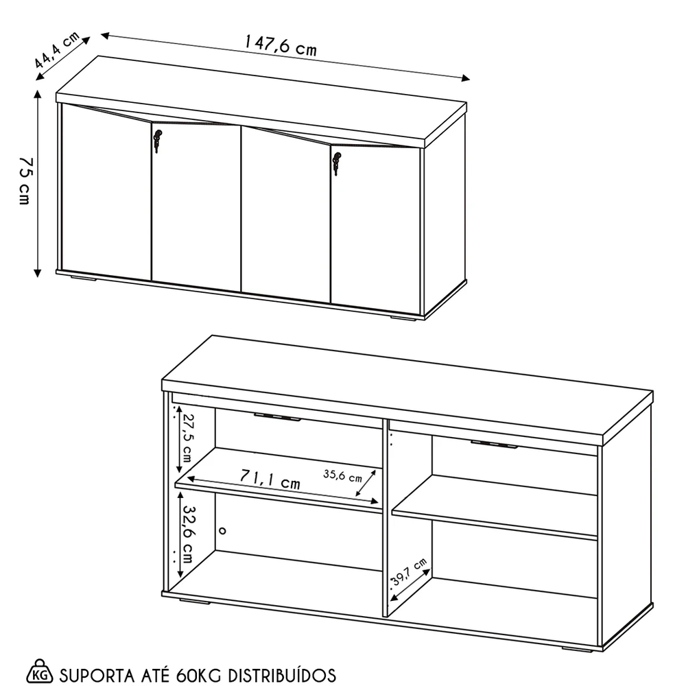 Balcão para Escritório com Chave 148cm Corp A06 Freijó/Branco - Mpozenato