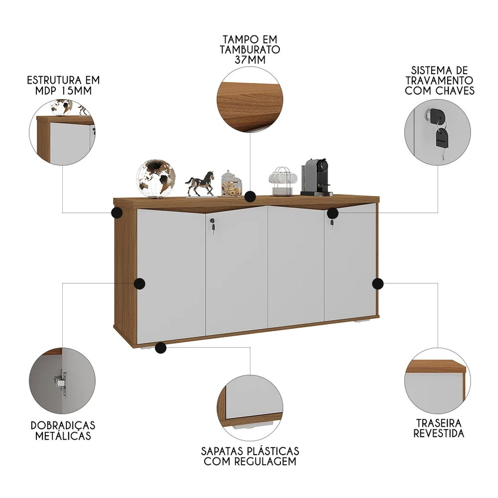 Balcão para Escritório com Chave 148cm Corp A06 Freijó/Branco - Mpozenato