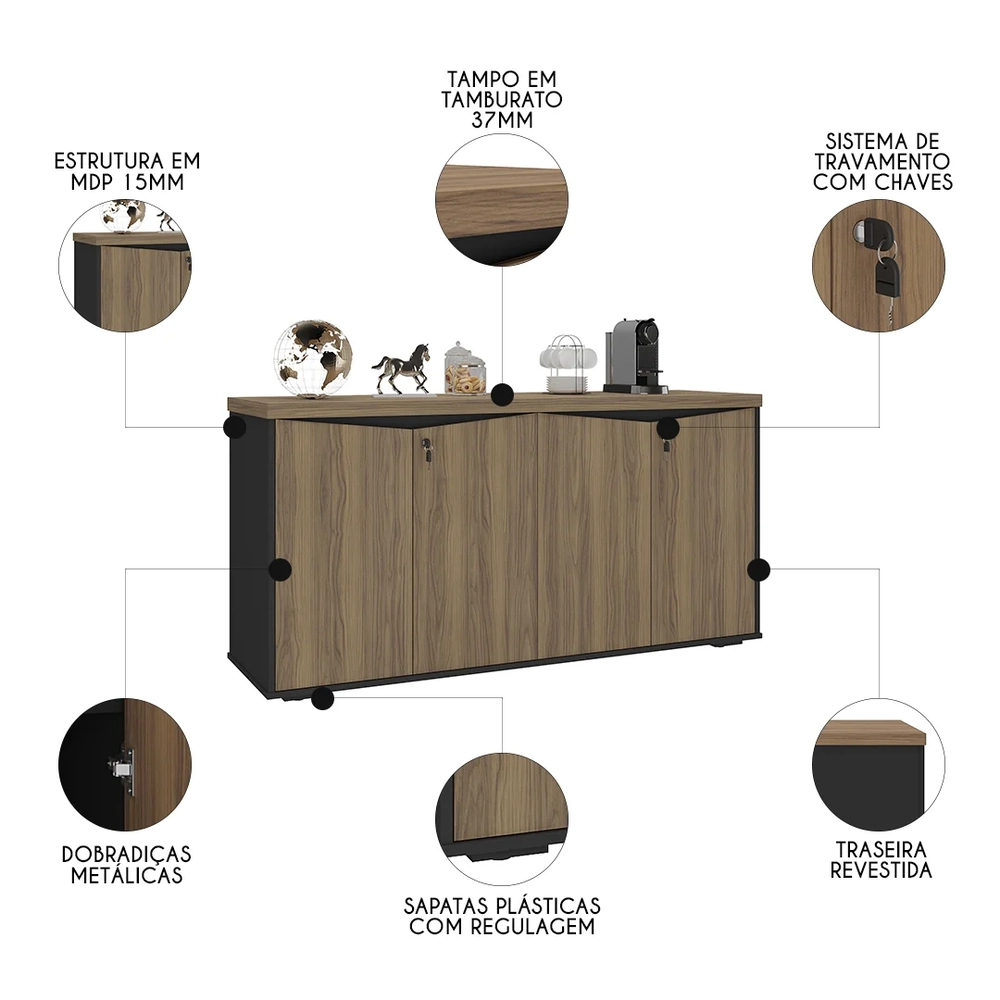 Balcão para Escritório com Chave 148cm Corp A06 Nogal/Preto  - Mpozenato