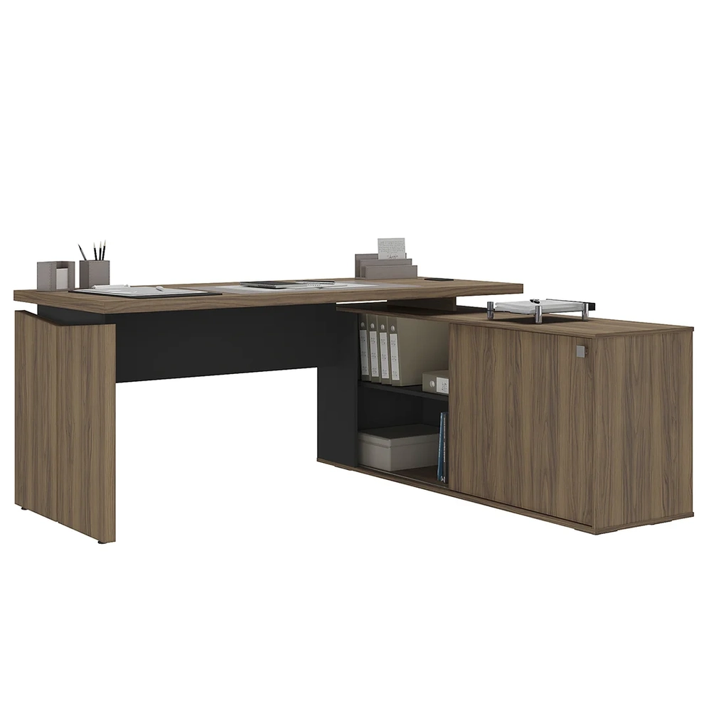 Mesa Escritório em L Gerência 170cm Corp A06 Nogal/Preto     - Mpozenato