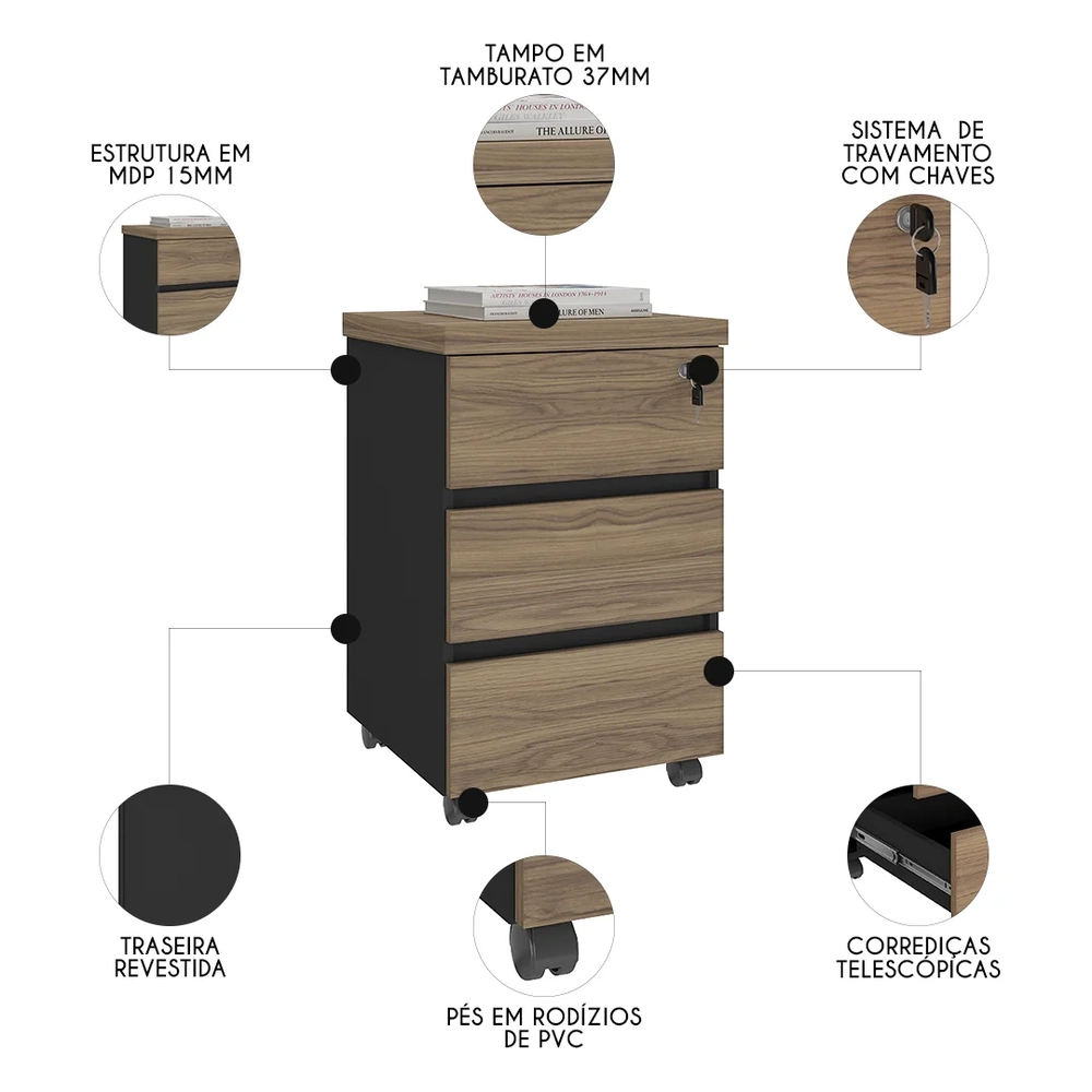 Gaveteiro para Escritório com Rodízios Corp A06 Nogal/Preto  - Mpozenato