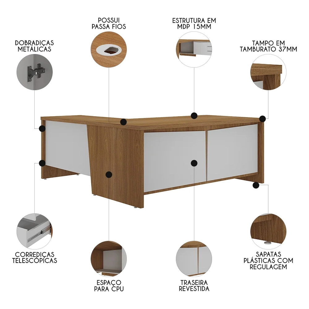 Mesa para Escritório em L Chefia 190cm Corp A06 Freijó/Branco - Mpozenato