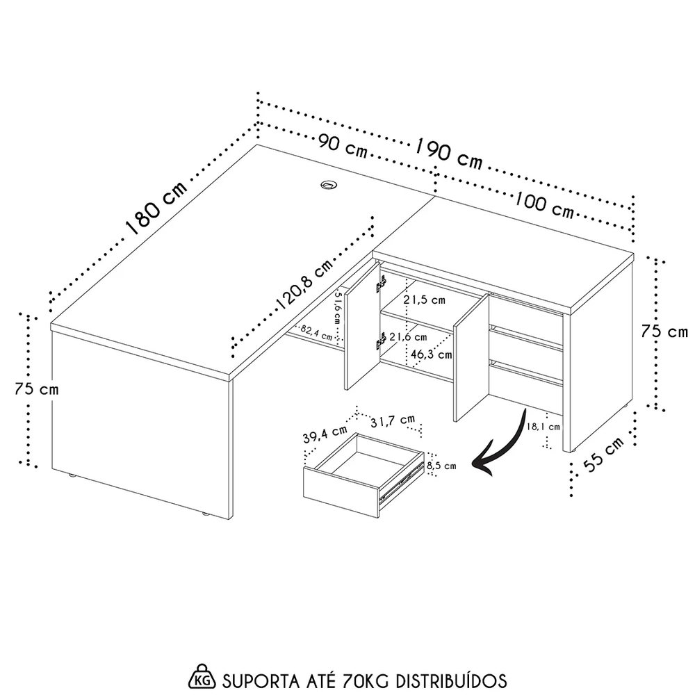 Mesa para Escritório em L Chefia 190cm Corp A06 Freijó/Branco - Mpozenato