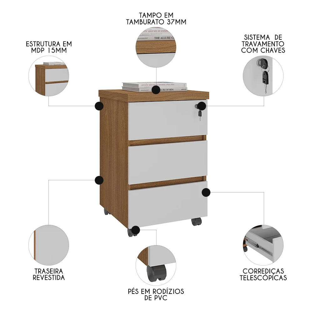 Gaveteiro para Escritório com Rodízios Corp A06 Freijó/Branco - Mpozenato