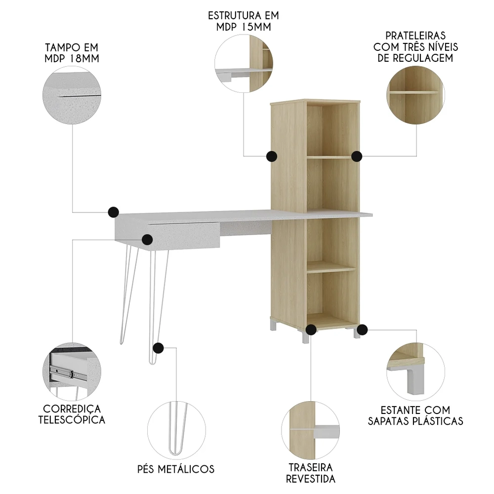 Mesa Escrivaninha com Estante Orizon A06 Terrazza/Carvalho   - Mpozenato