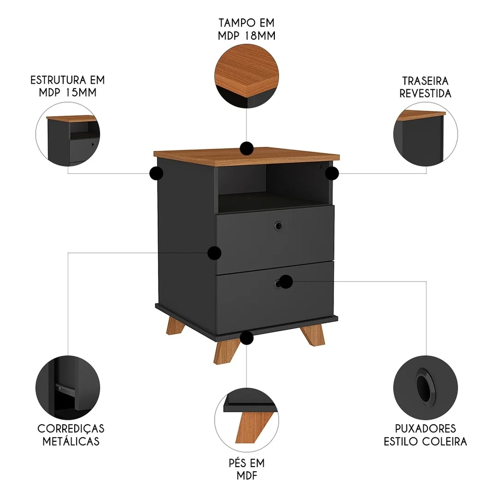 Gaveteiro para Escritório 2 Gavetas May A06 Freijó/Preto   - Mpozenato