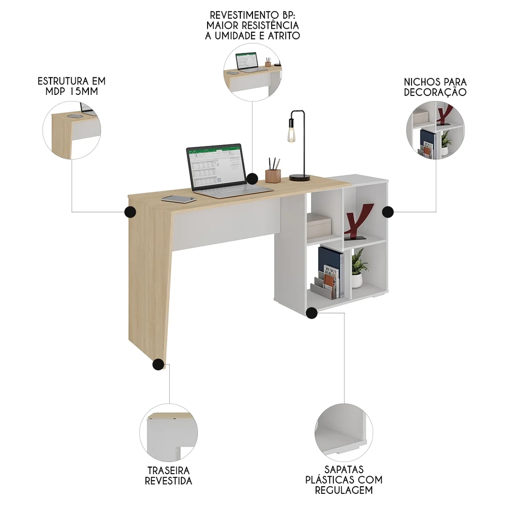 Mesa Escrivaninha 2 em 1 com Nichos Arbo A06 Carvalho/Branco - Mpozenato