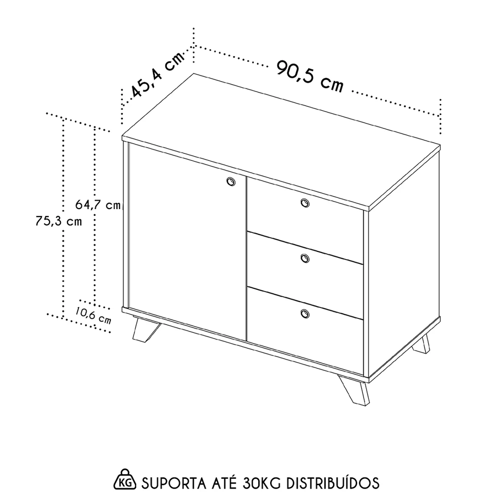 Balcão para Escritório 3 Gavetas 90cm Merano A06 Freijó/Preto - Mpozenato