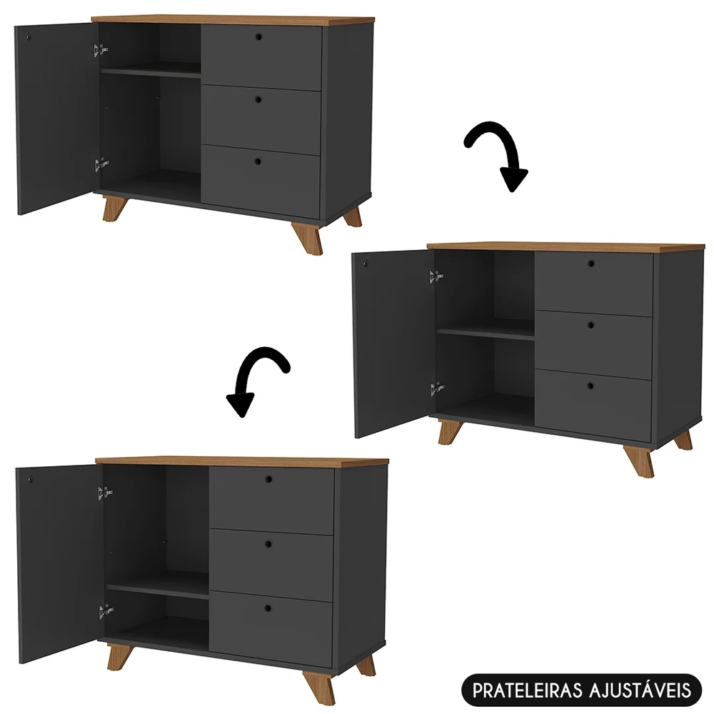 Balcão para Escritório 3 Gavetas 90cm Merano A06 Freijó/Preto - Mpozenato