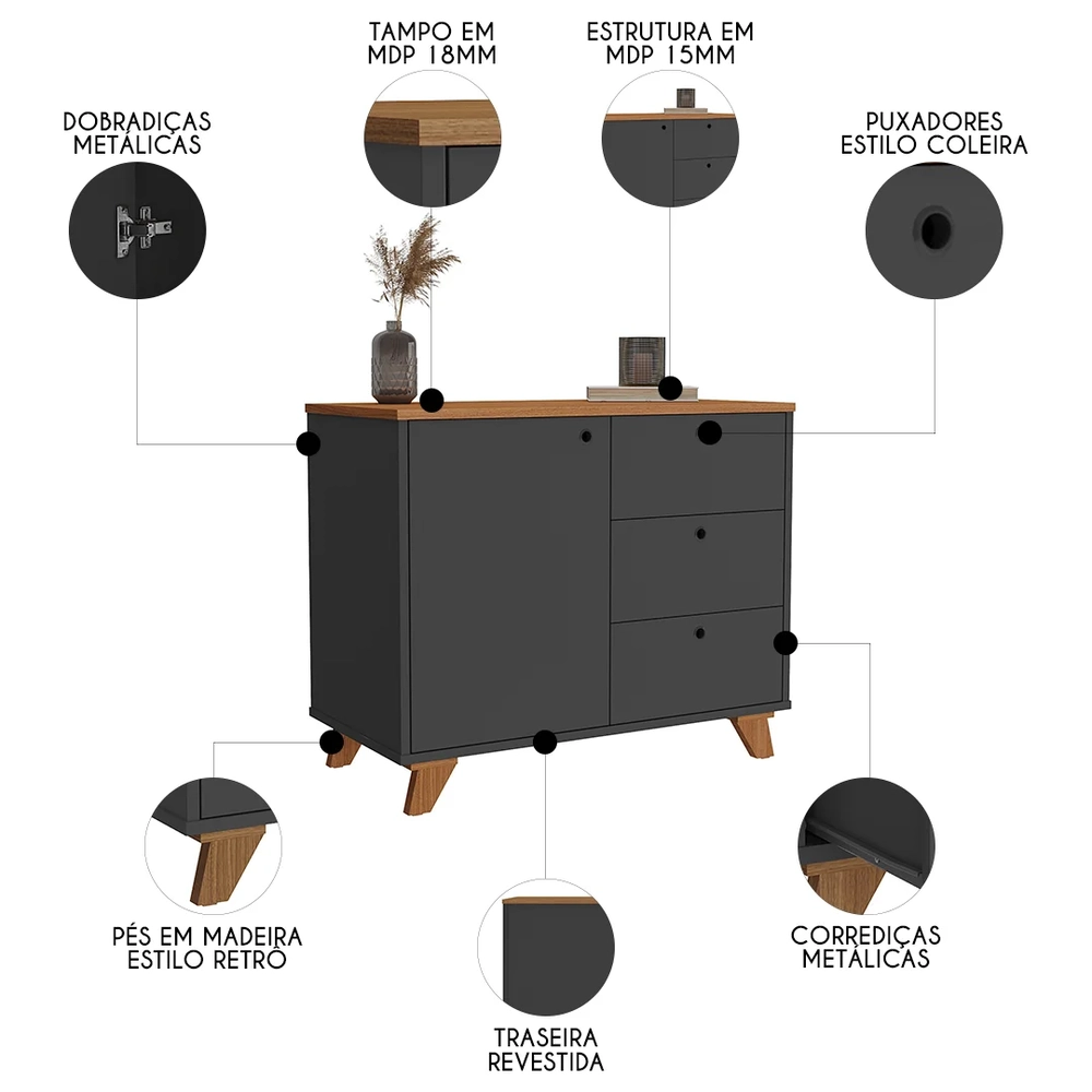 Balcão para Escritório 3 Gavetas 90cm Merano A06 Freijó/Preto - Mpozenato
