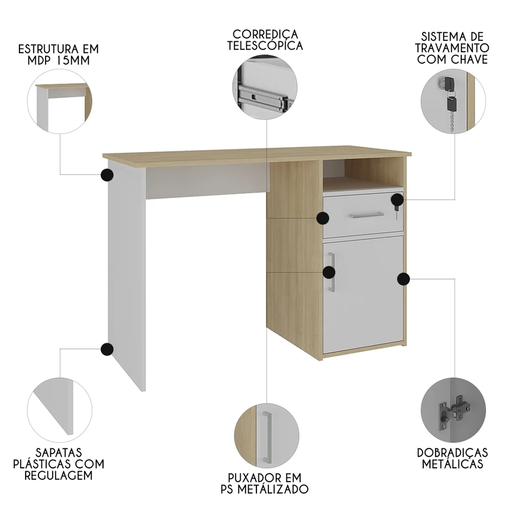 Mesa Escrivaninha Home Office 110cm Ally A06 Carvalho/Branco - Mpozenato