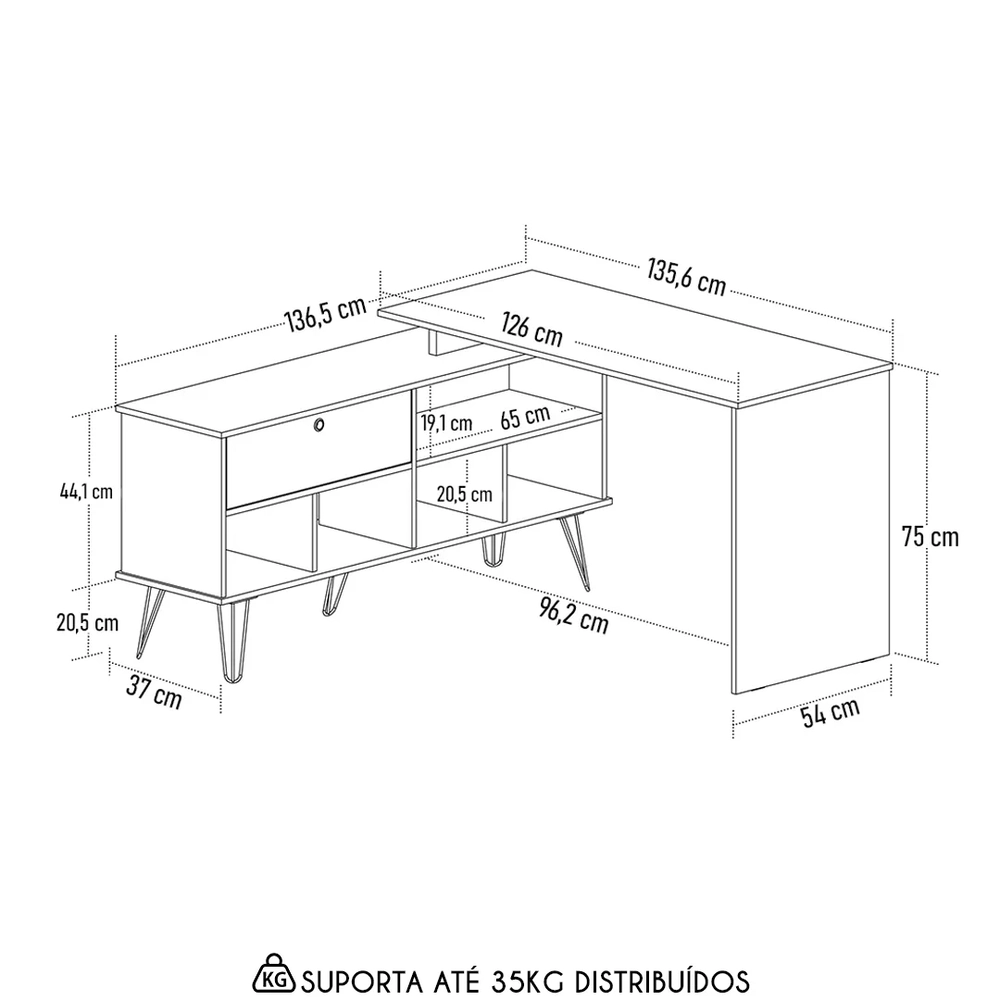 Mesa Escrivaninha Industrial 136cm Dhabi A06 Carvalho/Branco - Mpozenato