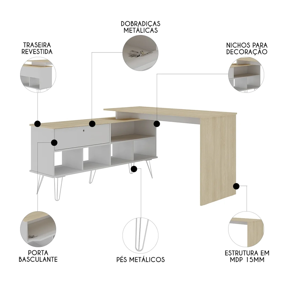 Mesa Escrivaninha Industrial 136cm Dhabi A06 Carvalho/Branco - Mpozenato