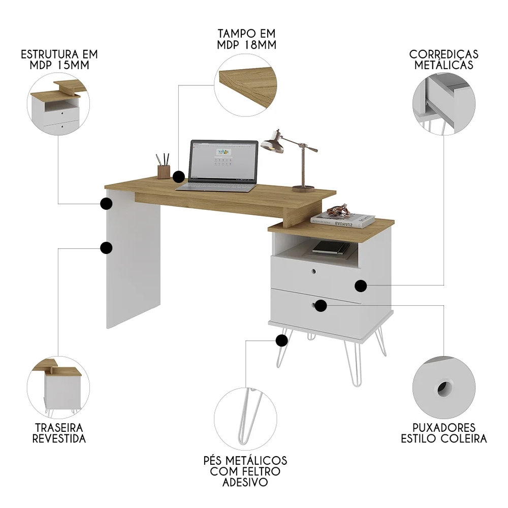 Mesa Escrivaninha Industrial 2 Gavetas Lux A06 Olmo/Branco   - Mpozenato