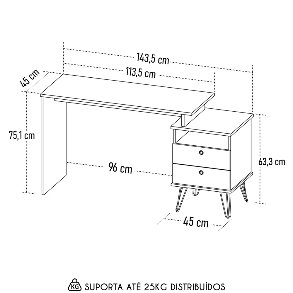 Mesa Escrivaninha Industrial 2 Gavetas Lux A06 Olmo/Branco   - Mpozenato