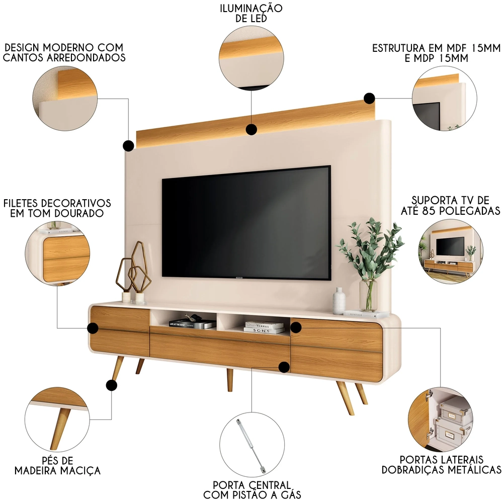 Estante Painel de TV 85 Pol 220cm Évora H01 Off/Cinamomo - Mpozenato