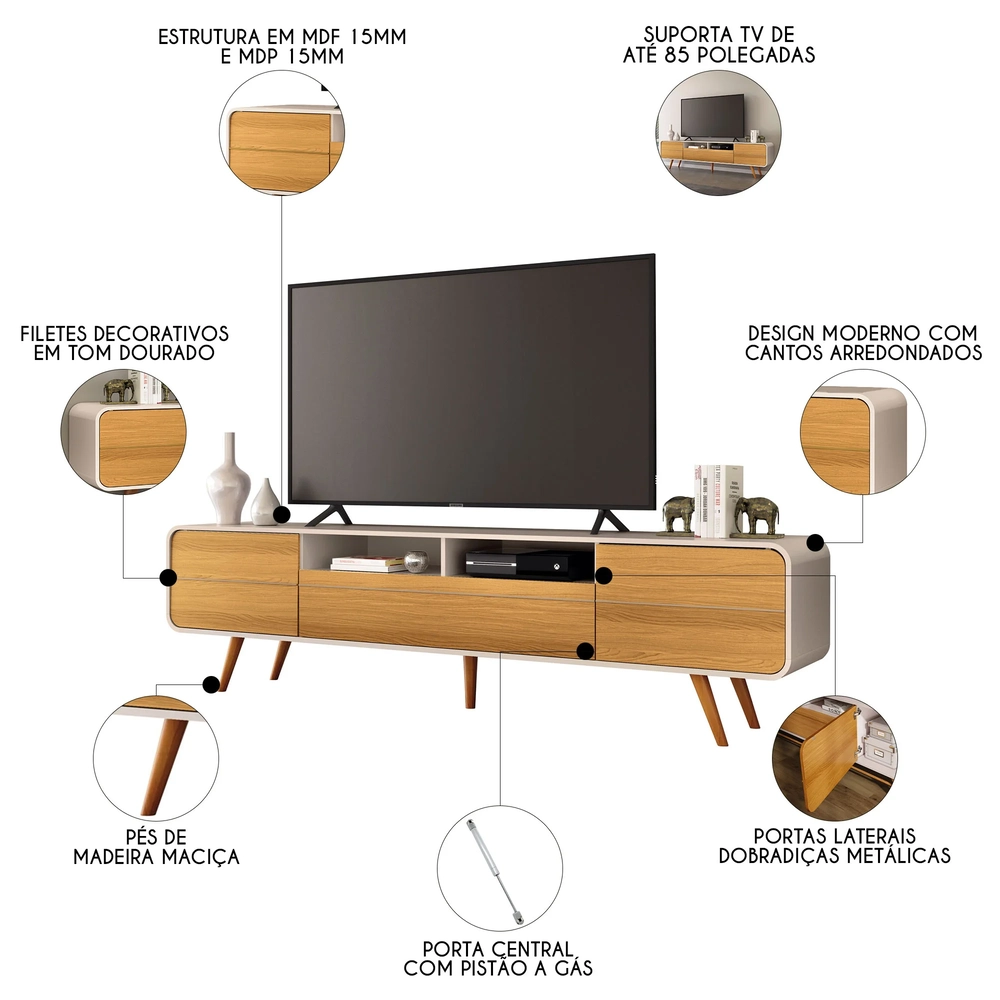 Rack Bancada de TV 85 Pol 220cm Áureo H01 Off White/Cinamomo - Mpozenato