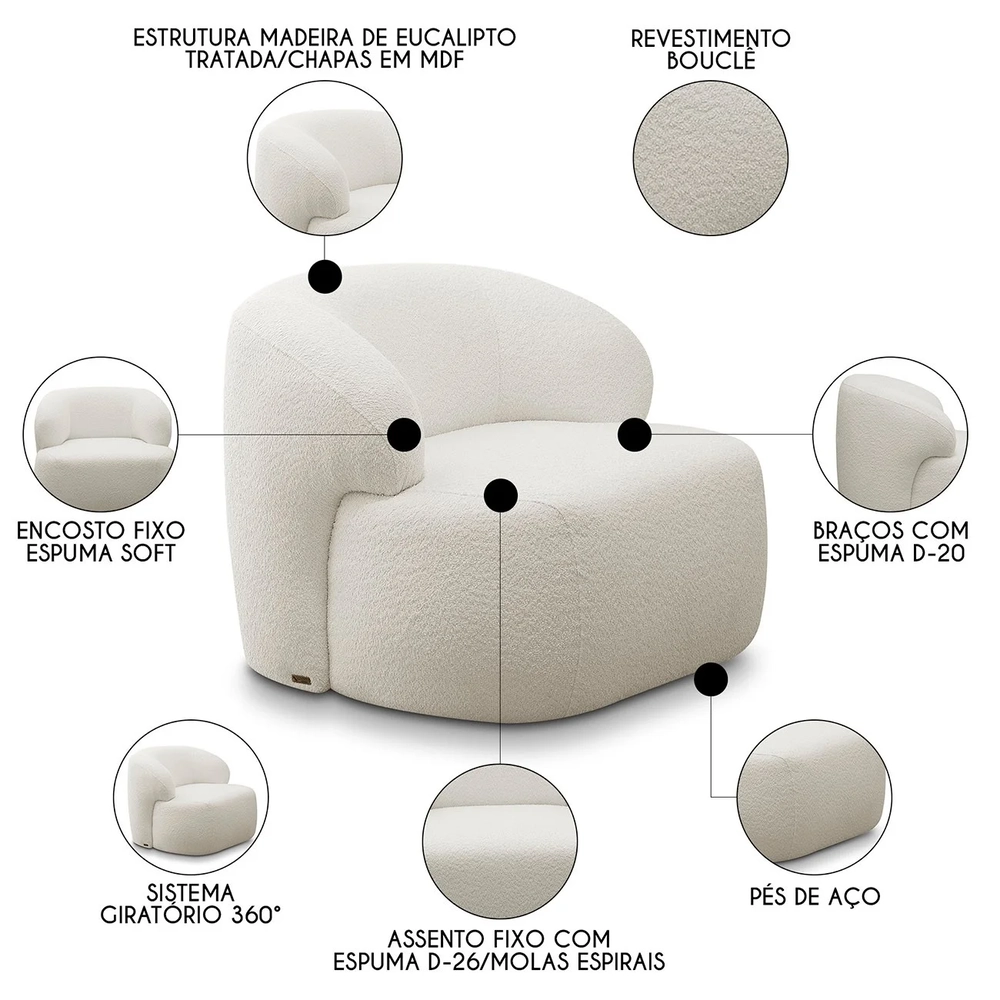 Poltrona Decorativa Fixa Orgânica Donk L08 Boucle Branco     - Mpozenato