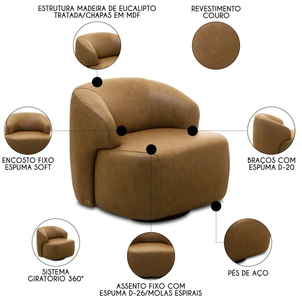 Poltrona Decorativa Giratória Orgânica Donk L08 Couro Camel  - Mpozenato