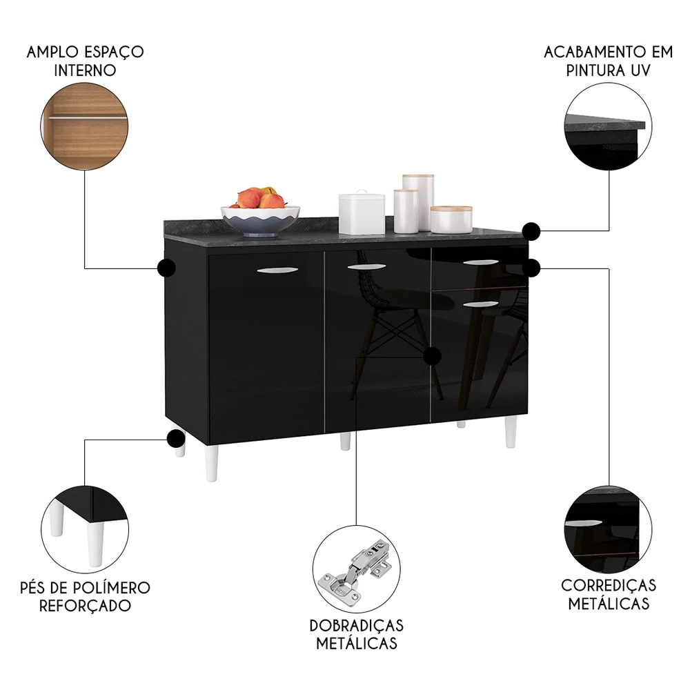 Balcão Cozinha Pia 120cm com Tampo Classic Z46 Preto/Marmore - Mpozenato