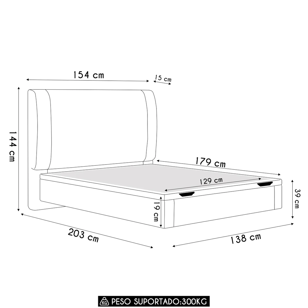 Cama Casal Flutuante Baú Cabeceira 140cm Fly S05 Linho Preto - Mpozenato