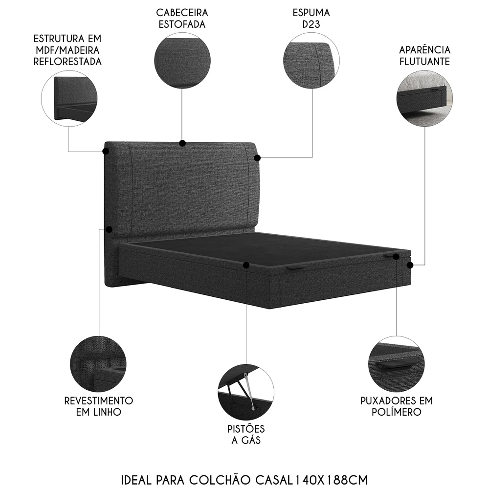 Cama Casal Flutuante Baú Cabeceira 140cm Fly S05 Linho Preto - Mpozenato